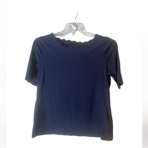 Talbots Navy Scalloped Neck Short Sleeve Tee EUC